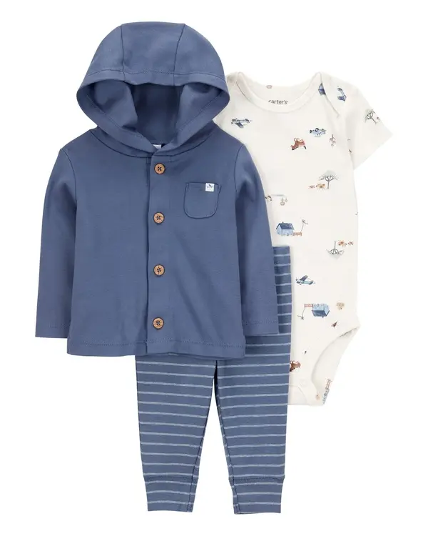 Barn Print 3-Piece Cardigan Set - Navy/White
