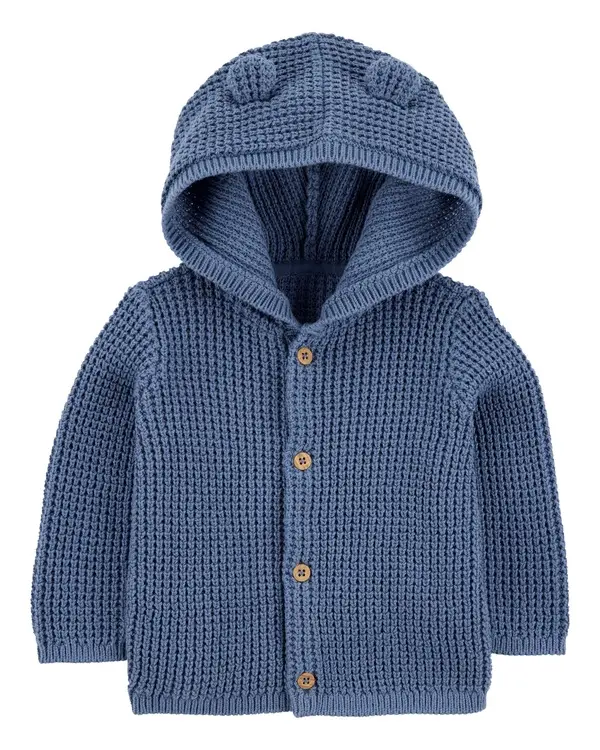 Hooded Waffle Knit Cardigan - Navy Blue