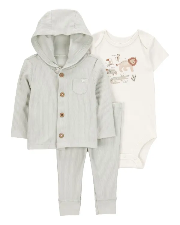Lion 3-Piece Cardigan Set - Green/White