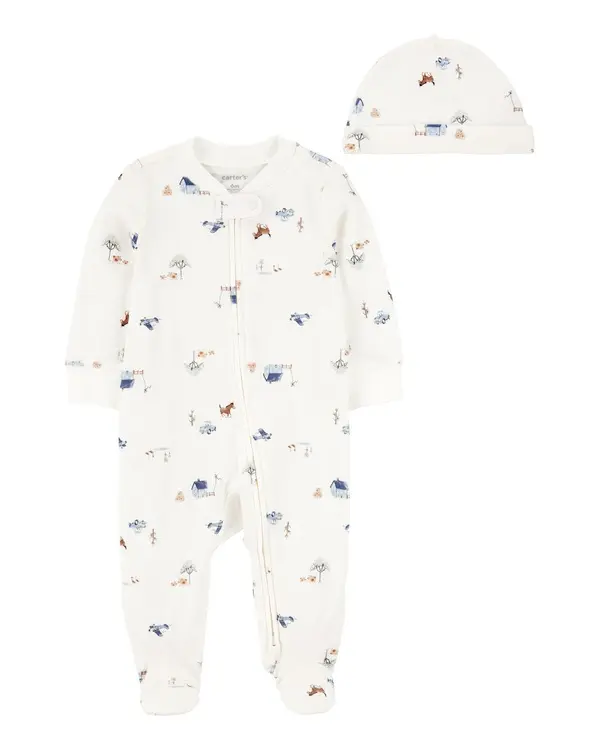 2-Piece 2-Way Zip Sleep & Play & Cap Set - Ivory/Blue