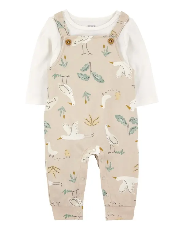2-Piece Bird Print Long-Sleeve Tee & Overall Set