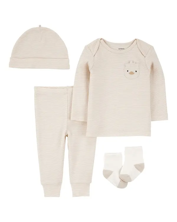 4-Piece Striped Duck Outfit Set - Brown
