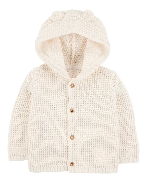 Hooded Waffle Knit Cardigan - White