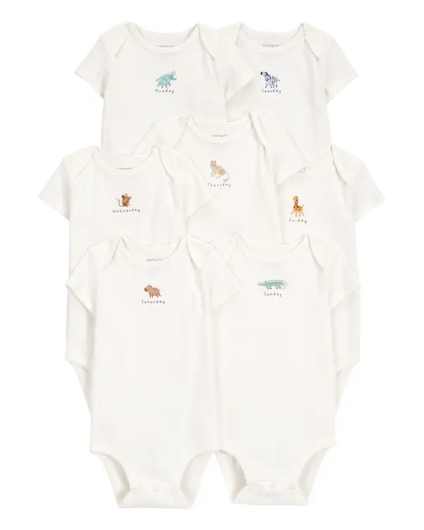 7-Pack Days Of The Week Short-Sleeve Cotton Bodysuits - Ivory