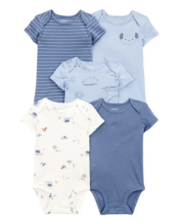5-Pack Dog Short-Sleeve Cotton Bodysuits - Blue