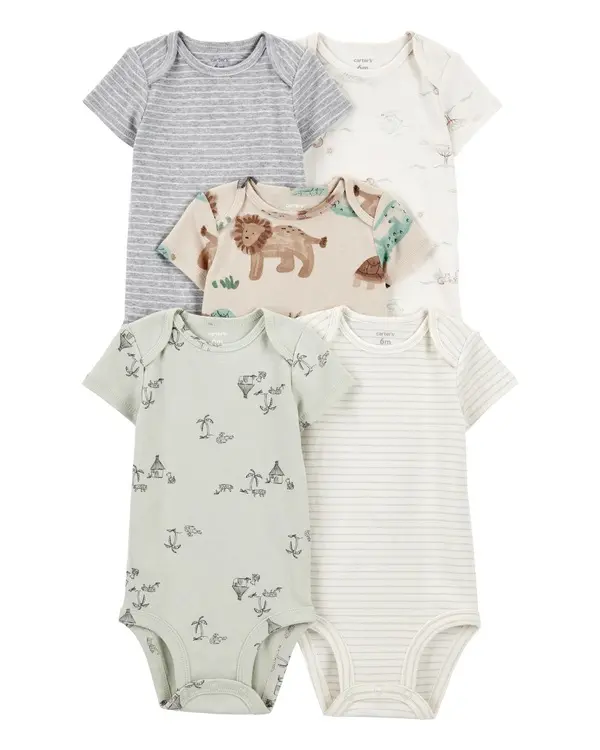 5-Pack Safari Short-Sleeve Cotton Bodysuits 