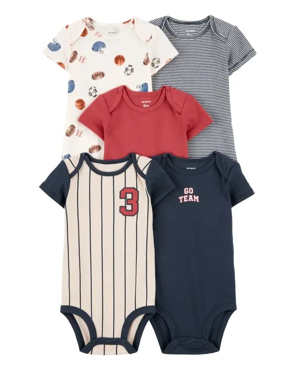 5-Pack Baseball Short-Sleeve Cotton Bodysuits 