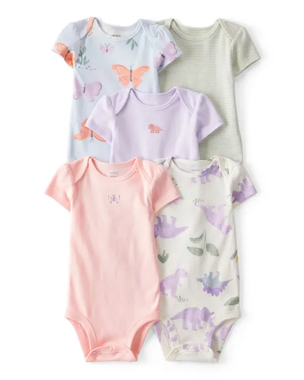 5-Pack Dino Butterfly Short-Sleeve Bodysuits
