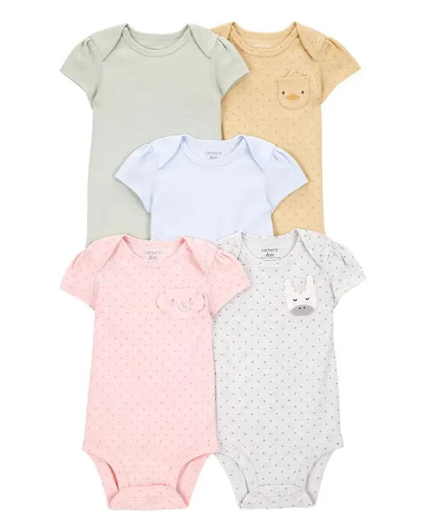 5-Pack Animal Short-Sleeve Cotton Bodysuits