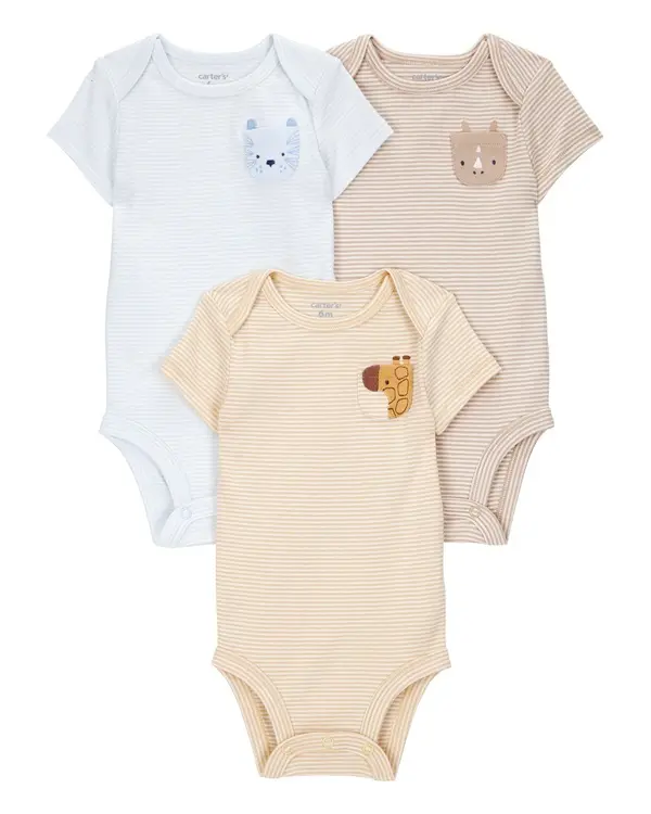 3-Pack Animal Short-Sleeve Cotton Bodysuits