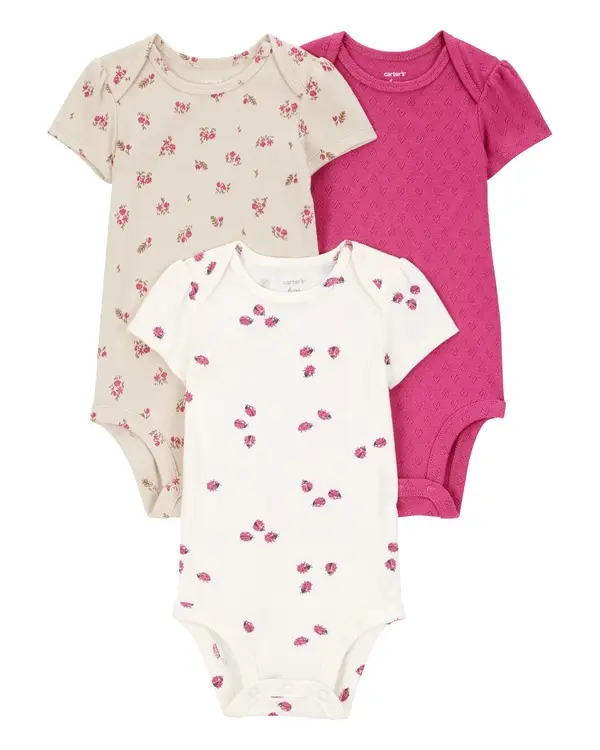 3-Pack Ladybug Short-Sleeve Cotton Bodysuits