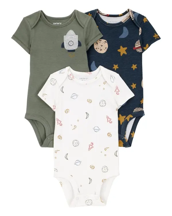 3-Pack Space Short-Sleeve Cotton Bodysuits