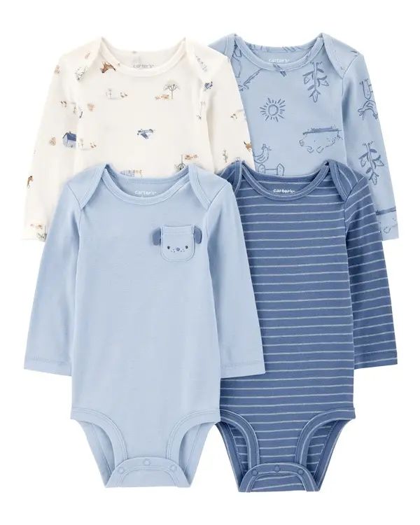 4-Pack Farm Dog Long-Sleeve Cotton Bodysuits