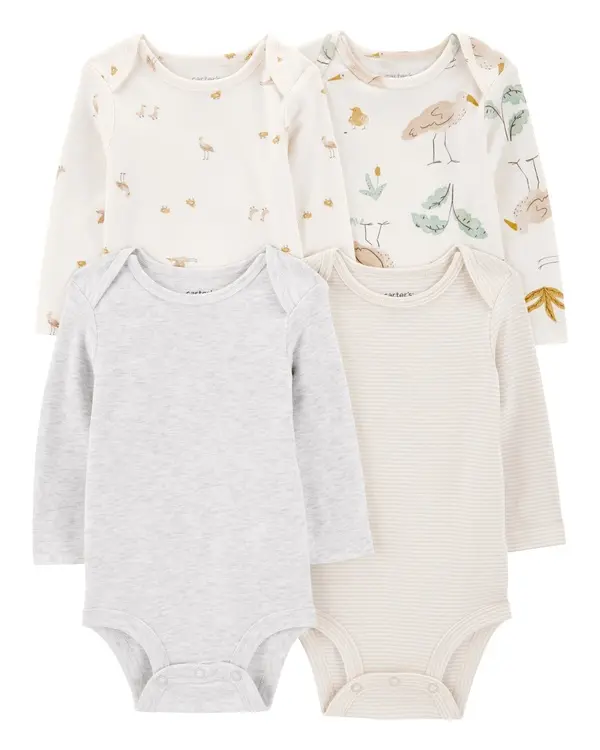 4-Pack Stork Long-Sleeve Cotton Bodysuits