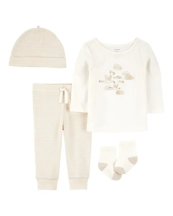 4-Piece Cloud Print Outfit Set - White/Tan