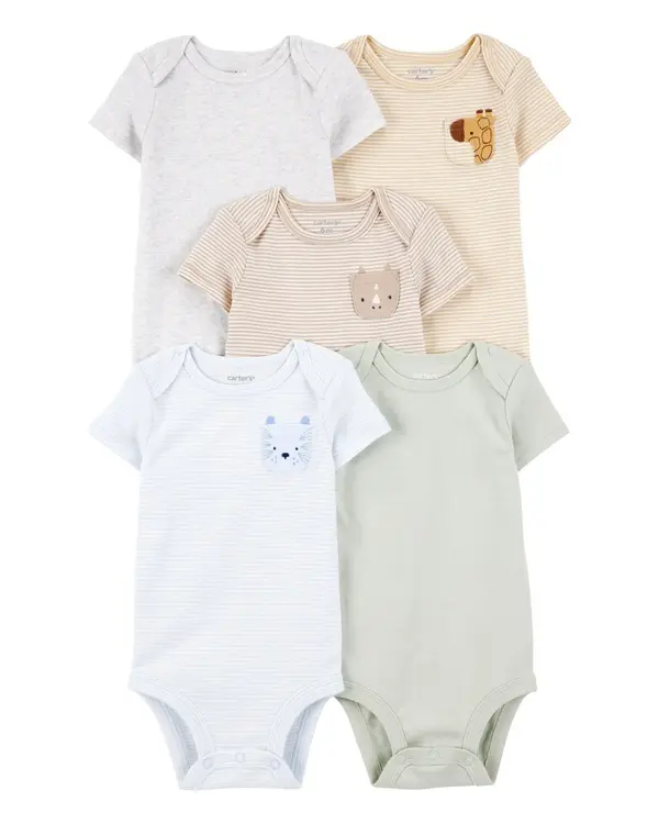 5-Pack Animals Short-Sleeve Cotton Bodysuits