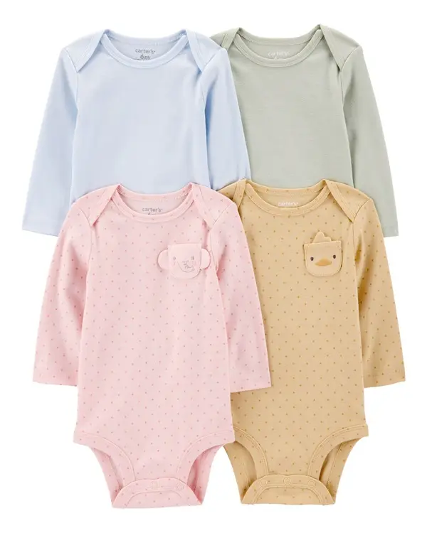 4-Pack Animals Long-Sleeve Cotton Bodysuits