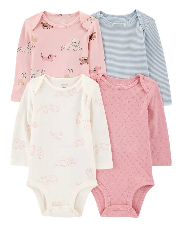 4-Pack Puppies Long-Sleeve Cotton Bodysuits