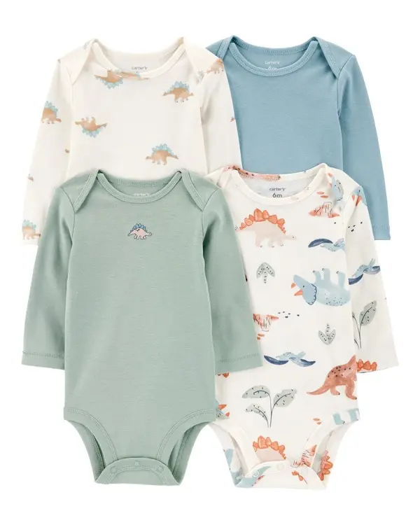 4-Pack Dinos Long-Sleeve Cotton Bodysuits