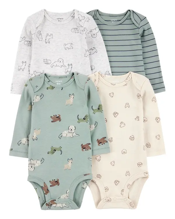 4-Pack Green Pups Long-Sleeve Bodysuits