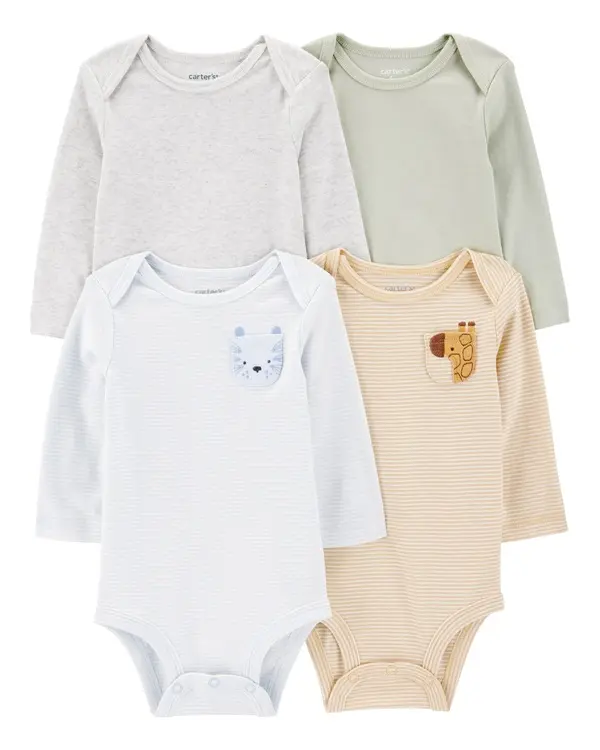 4-Pack Animals Long-Sleeve Cotton Bodysuits