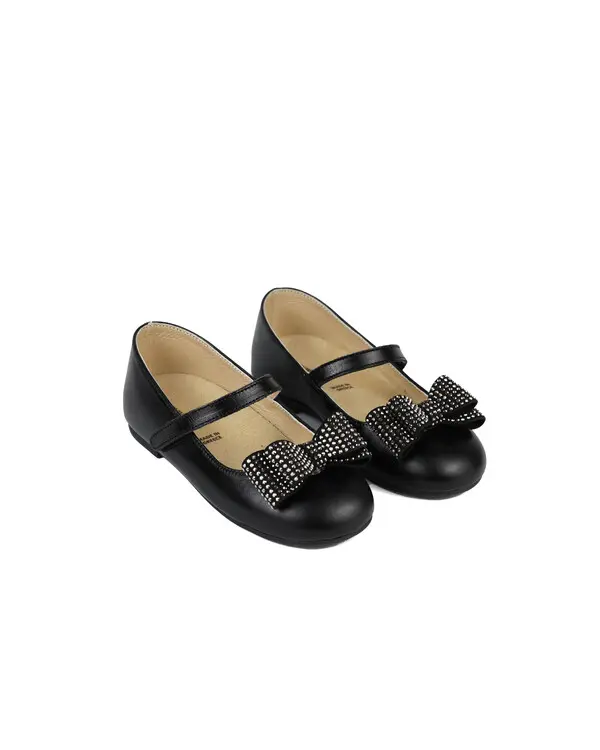 CRYSTALS DECORATED BOW EMBELLISHED GAUCHO LEATHER SINGLE STRAP BALLERINAS