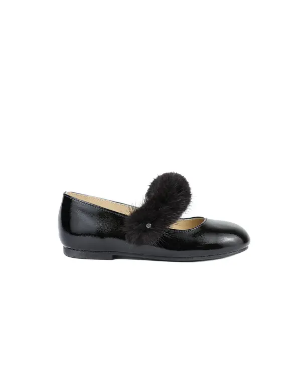 MINK FUR BAND WITH CRYSTALS  DECORATED BAND  EMBELLISHED PATENT LEATHER SINGLE STRAP BALLERINAS