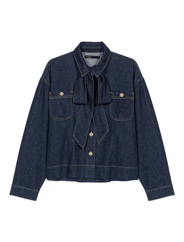 Denim shirt with pussy bow