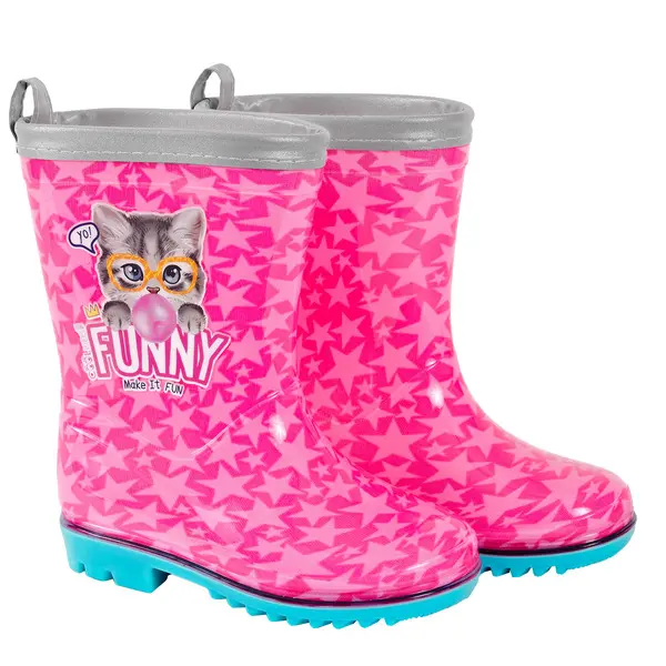 fuchsia funny cat rainboots with reflective details
