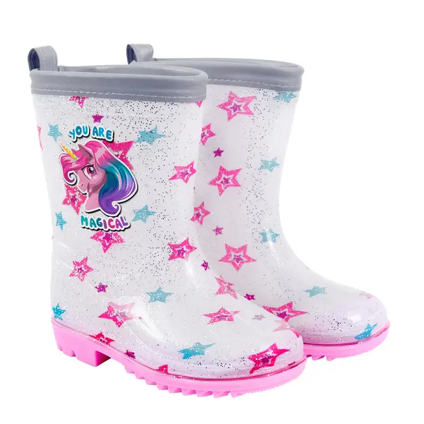 sparkly unicorn rainboots with reflective details