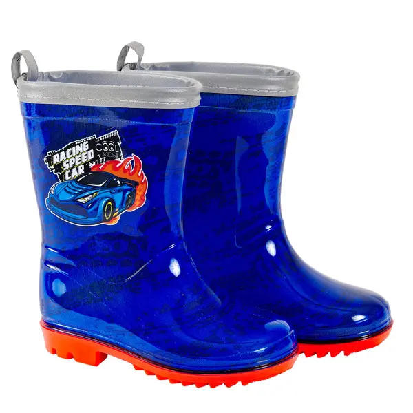 blue racing car rainboots with reflective details