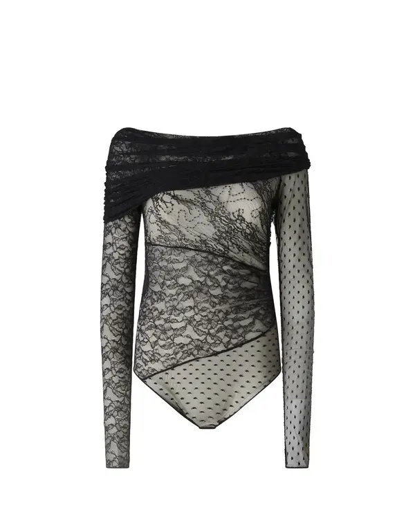 Patchwork-effect lace bodysuit