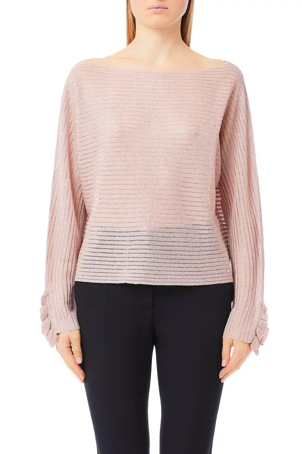 Knit Boat-Neck Top with Ruffle Cuffs