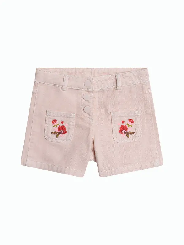 twill shorts with flower prints on pockets