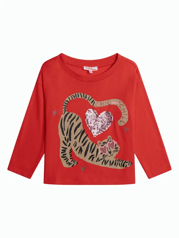 Long-sleeved tiger and heart design T-shirt with magic sequins