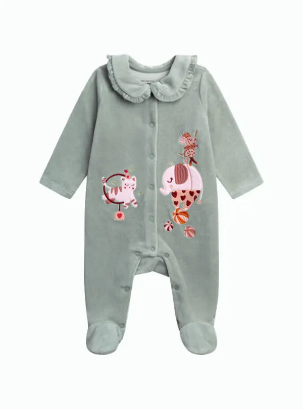 Velour Footed Romper with Circus Animal Embroidery