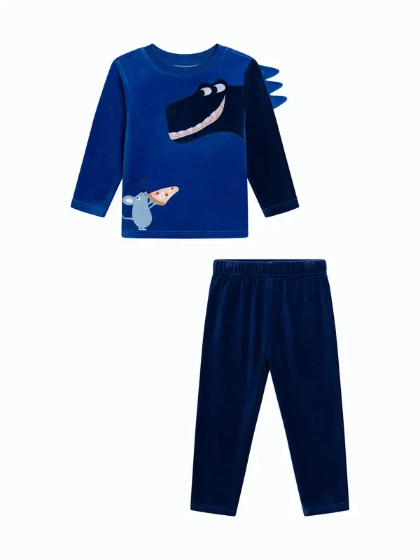 Velour Dinosaur Graphic Pajama Set with 3D Spikes