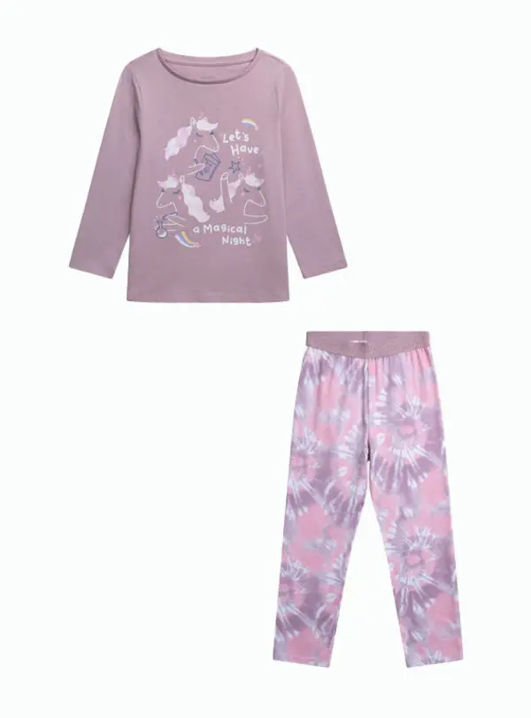 Unicorn Graphic Long-Sleeved Pajama Set with Tie-Dye Pants
