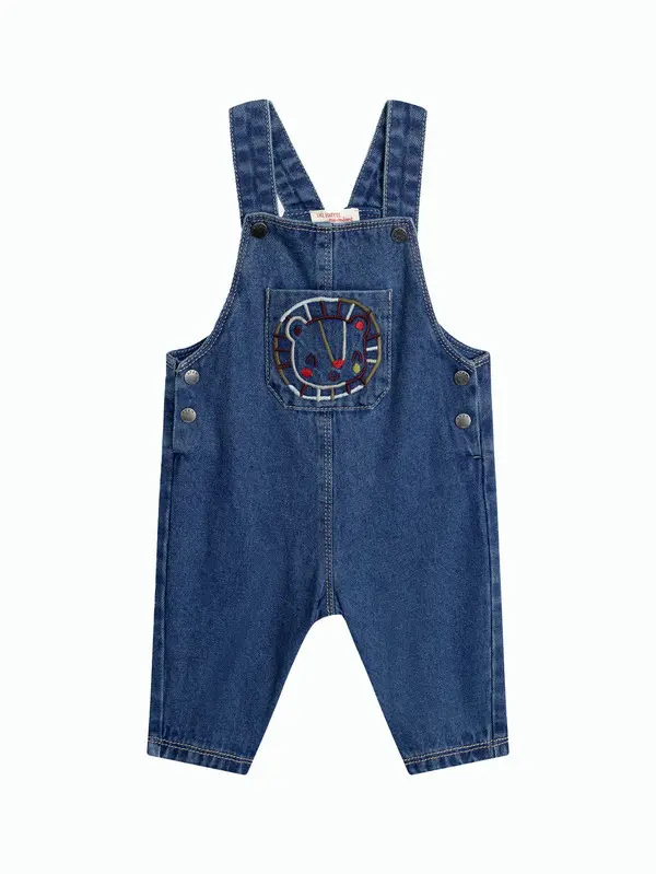 Denim Overalls with Embroidered Bear Pocket