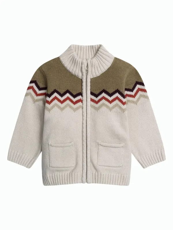 Chevron-Pattern Knit Cardigan with Zipper and Pockets