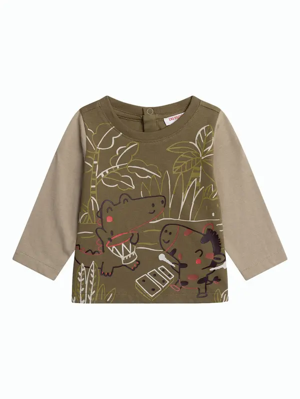 Colorblock Long-Sleeved Baby T-Shirt with Jungle Animal Graphic