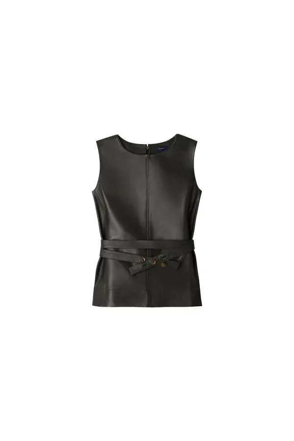 Sleeveless leather top with a tie belt