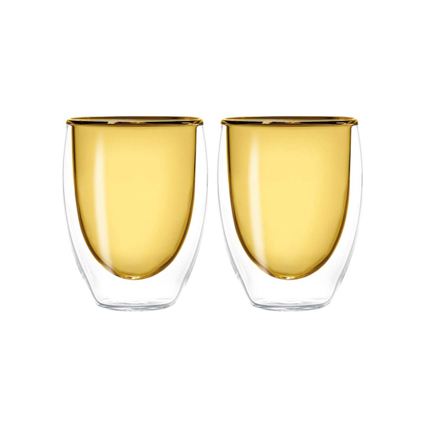 Set of 2 double wall glasses. Capacity 220 ml. Blue color.