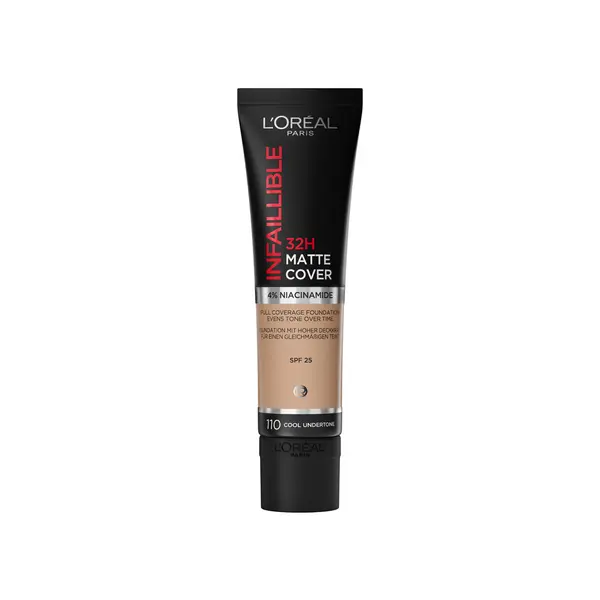L’Oréal Paris Infaillible 32H Matte Cover Liquid Foundation, With 4% Niacinamide, Long Lasting, Natural Finish, SPF 25 -