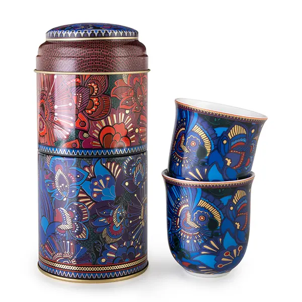 Tin Box With 2 Coffee Cups Porcelain Kashmir- 90Ml
