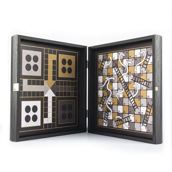 Chess/Backgammon/Ludo/Snakes  - Black & Ivory - Walnut replica wooden case