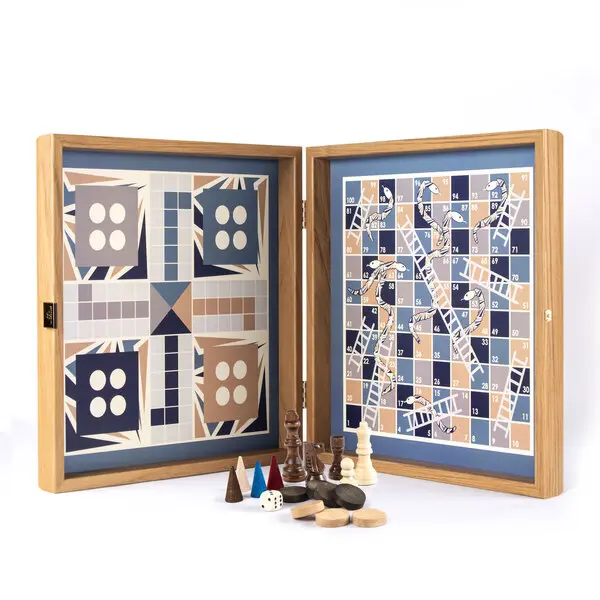 Chess/Backgammon/Ludo/Snakes  - Navy Blue - Walnut replica wooden case