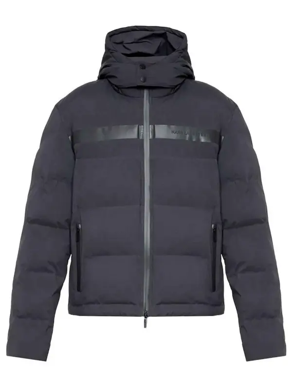 Hooded puffer jacket with a branded chest stripe 