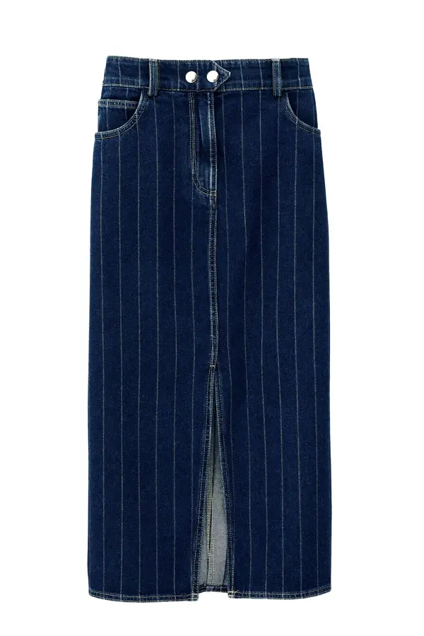 Striped Denim Midi Skirt with slit