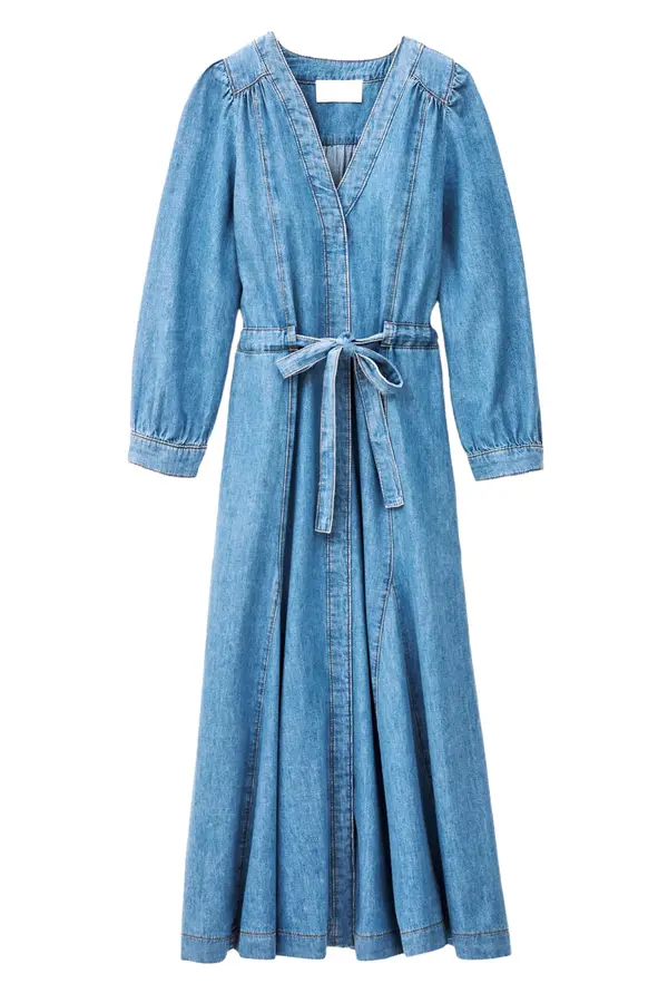 Long v-neck belted denim dress